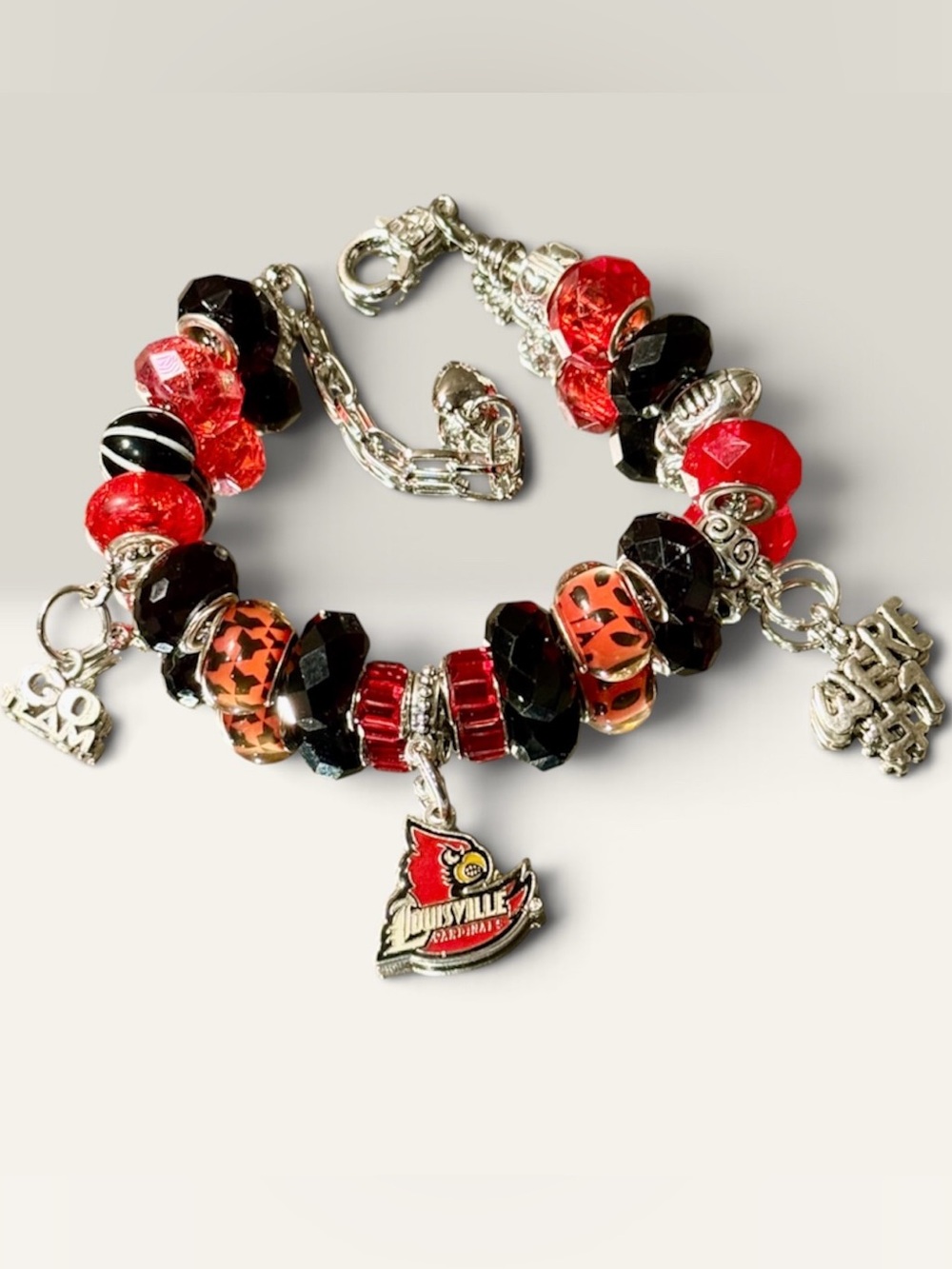 University of Louisville Red & Black Charm Beaded Bracelet